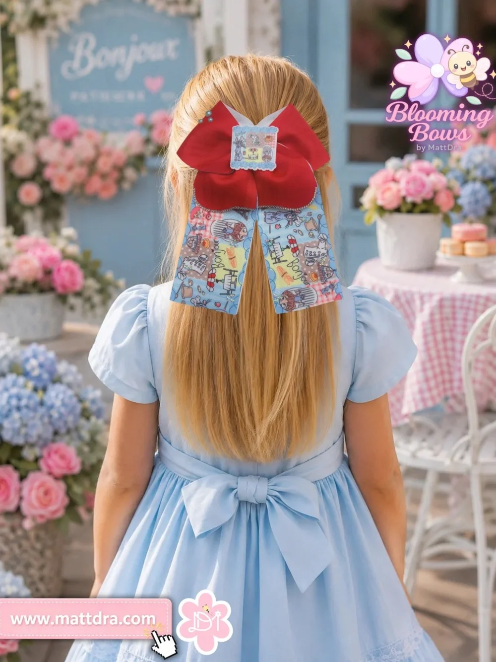Handmade Red Bow Hair Clip with Blue Illustrated Ribbon Ratatouille New